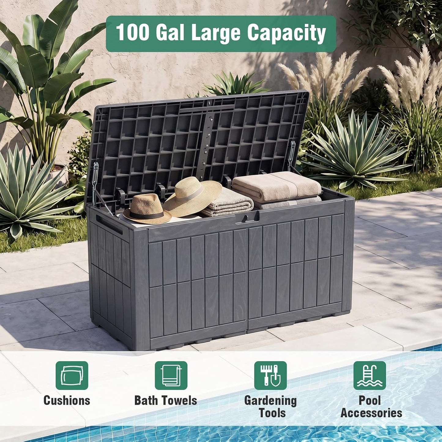 Tangkula 25 Gallon Waterproof Outdoor Storage Box with Lockable Lid | PP Resin, Wicker Patterned, Indoor Outdoor Use, Portable, Versatility, for Deck, Pool, Patio Cushions, Garden Tools