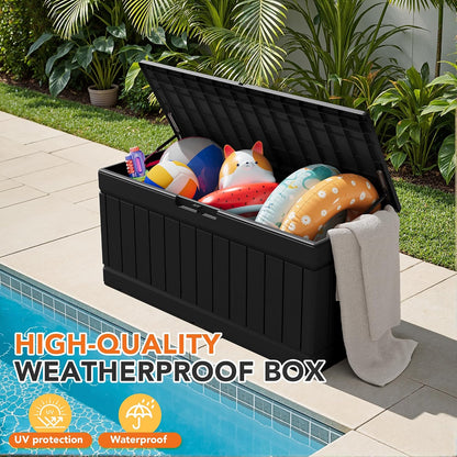 32 Gallon Deck Box Outdoor Indoor Waterproof Storage Box for Patio Furniture, Pool Accessories, Garden Tools, and Cushion Storage, Black