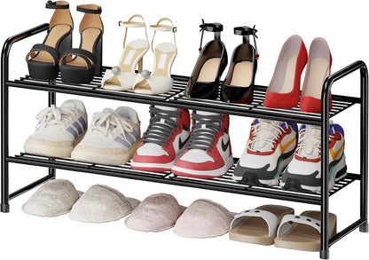 Simple Shoe Rack 2 Tier 27 Inch Wide, Heavy Duty Metal Closet Shoe Organizer Shelf for Entryway, Front Door, Black