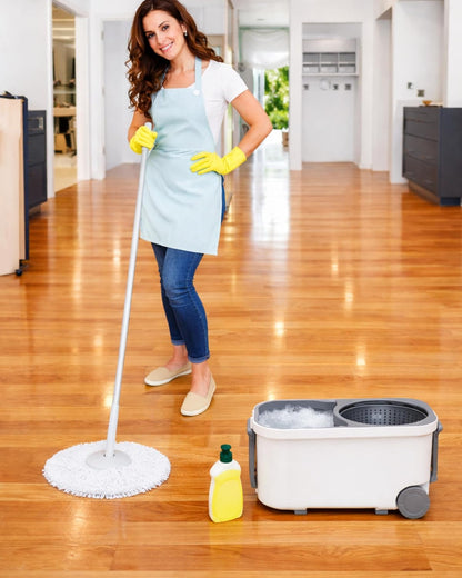 Spin Mop and Bucket System with Wringer, Microfiber Spin Mop and Bucket Set, Stainless Steel Handle, Rolling Mop Bucket with Drain Plug, Includes 3 Mop Heads for Hardwood Tile Floors