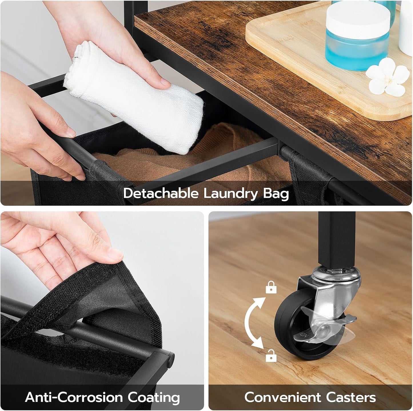 HOOBRO Laundry Sorter 4 Sections, Laundry Hamper with Wheels, 4 × 10.5 Gal (40 L), Rolling Laundry Basket, Pull-Out and Removable Oxford Fabric Bags, Rustic Brown and Black BF04XY01