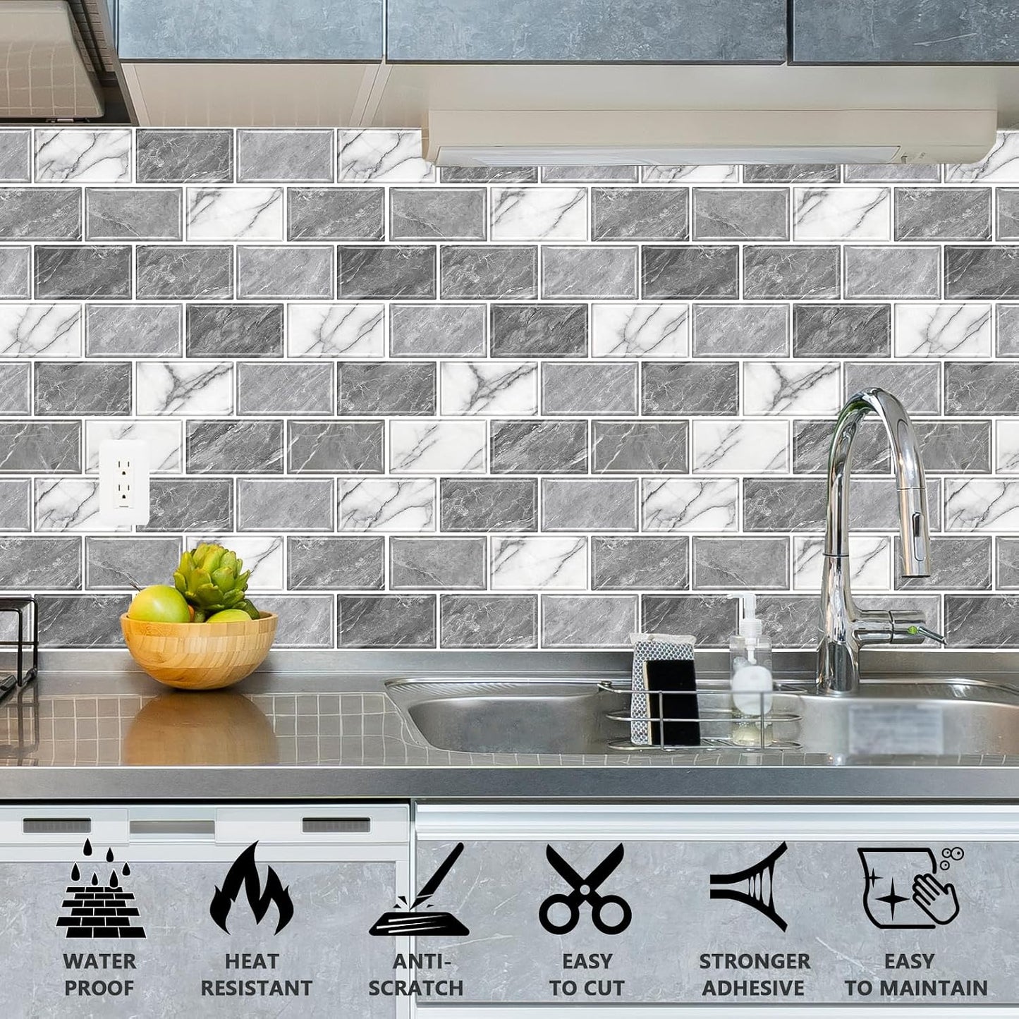 URCOLOR 10-Sheet Subway Tile Peel and Stick Backsplash for Kitchen,12"x12" Self Adhesive Wall Tiles Sticker on Back Splashes for Bathroom Gray Marble Design