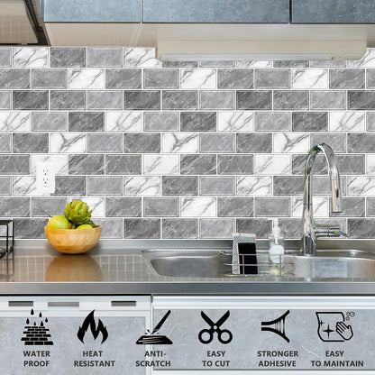 URCOLOR 10-Sheet Subway Tile Peel and Stick Backsplash for Kitchen,12"x12" Self Adhesive Wall Tiles Sticker on Back Splashes for Bathroom Gray Marble Design
