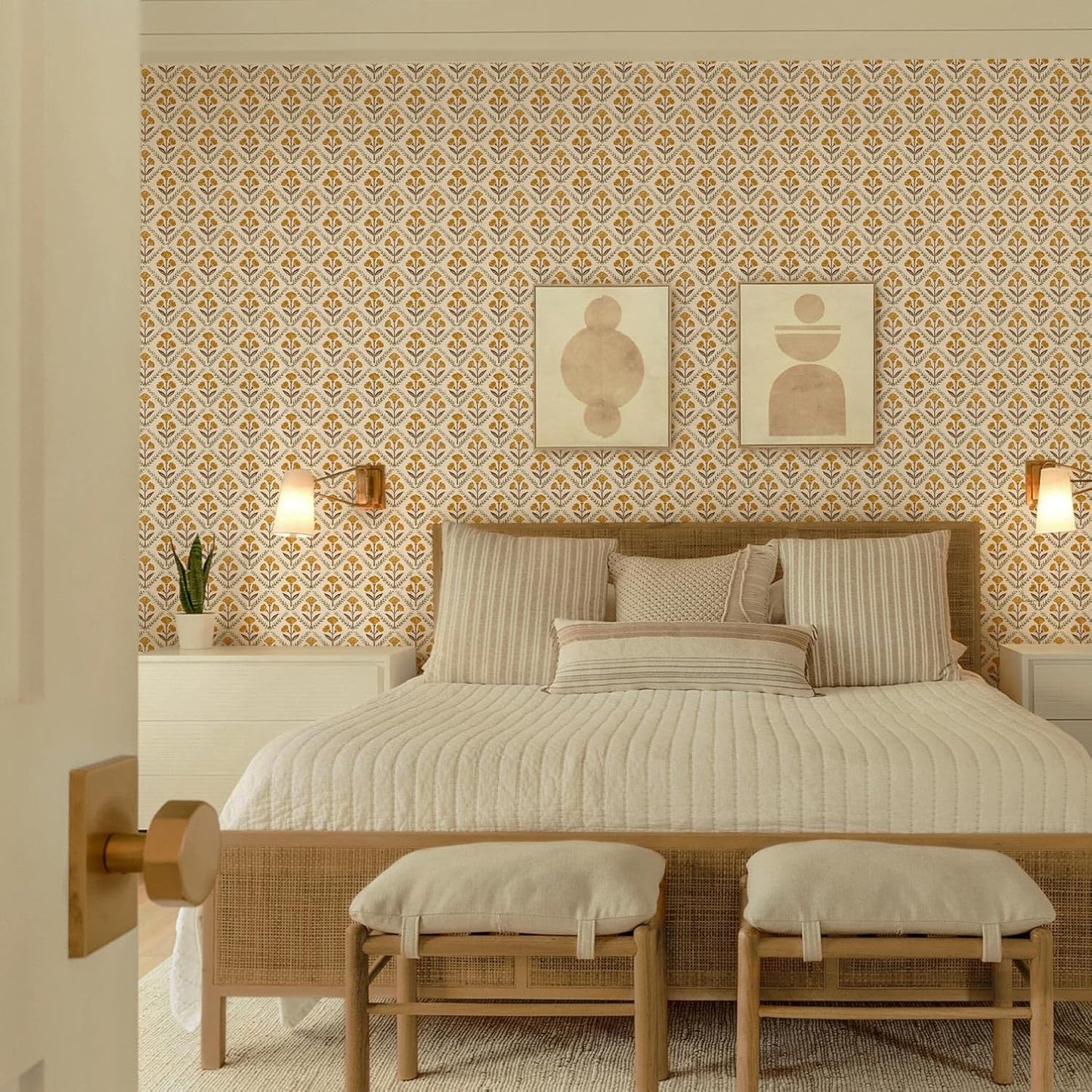 Dimoon 17.3''x78.7'' Peel and Stick Wallpaper Floral Cute Contact Paper Vintage Village Country Cottage Wallpaper Farmhouse Yellow Beige Renter Friendly Geometry Waterproof Embossed Kitchen Bedroom