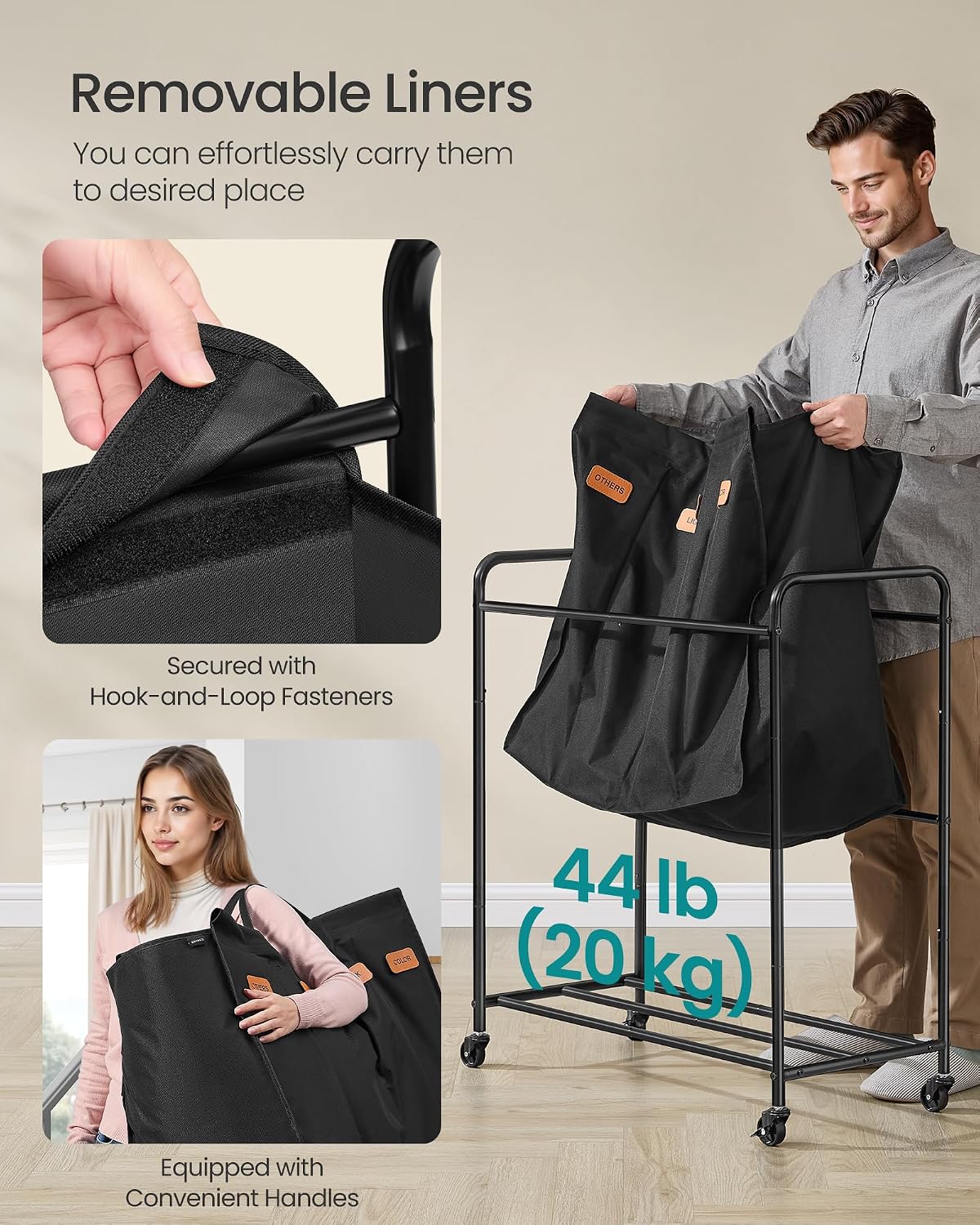 SONGMICS 3-Section Laundry Sorter, Laundry Hamper with Wheels, Rolling Clothes Hamper Cart with Large Capacity and Removable Bags, for Laundry Room, Bedroom, Bathroom, Ink Black URLS330B01