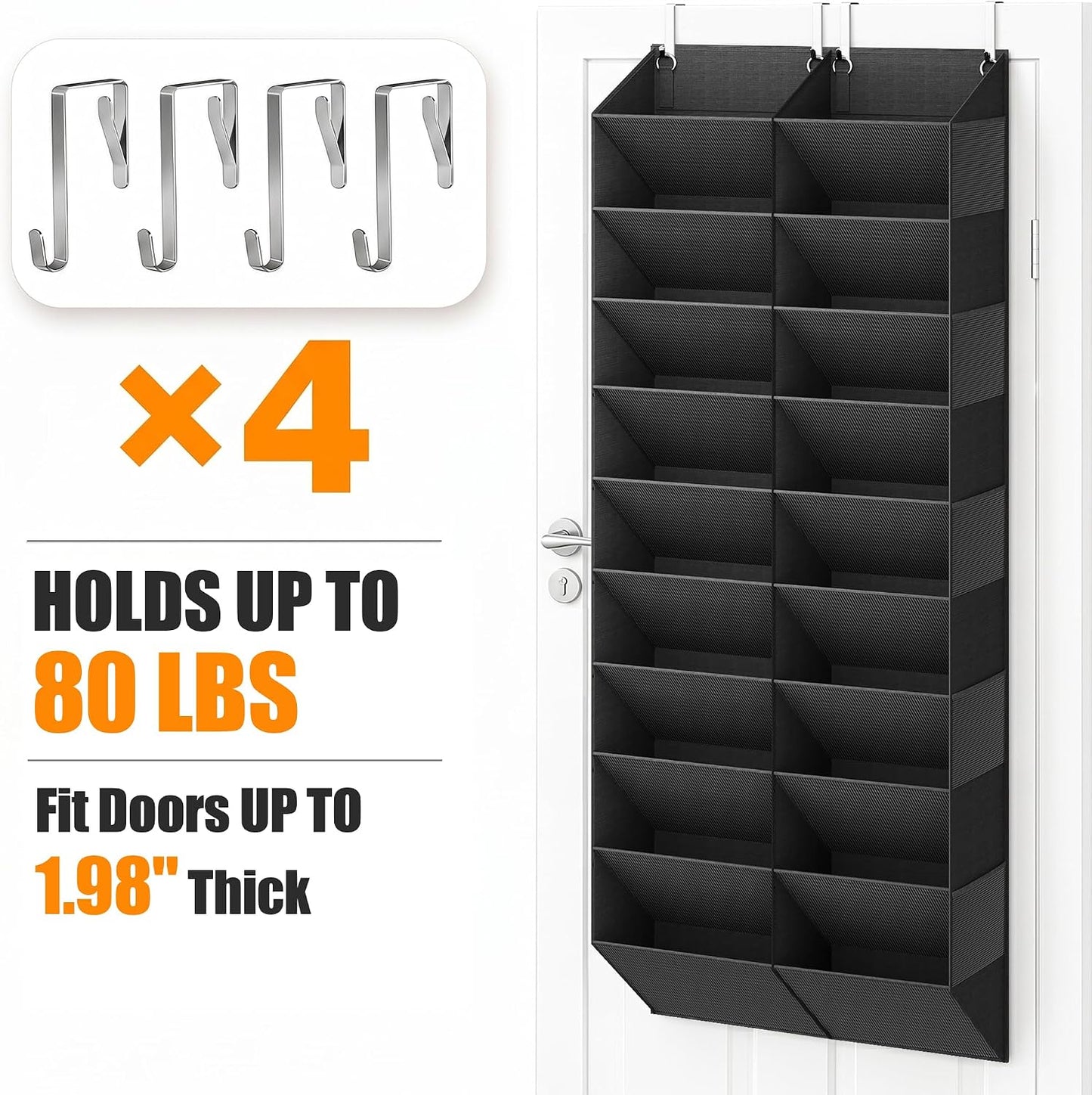 UVIAHOMI 20-30 Pairs Over the Door Shoe Organizer with Side Mesh Pockets, 10-Tier Hanging Shoe Storage for Closet, Breathable Door Shoe Rack Holds Sneakers, Boots, Heels & Daily Essentials, Black