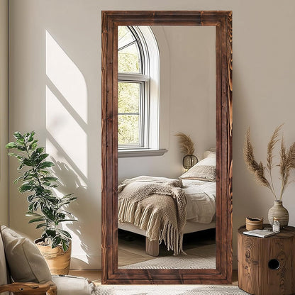 65"x22" Full Length Mirror Solid Wood Frame Floor Mirror with Stand for Living Room, Bedroom Hanging Standing or Leaning, Brown