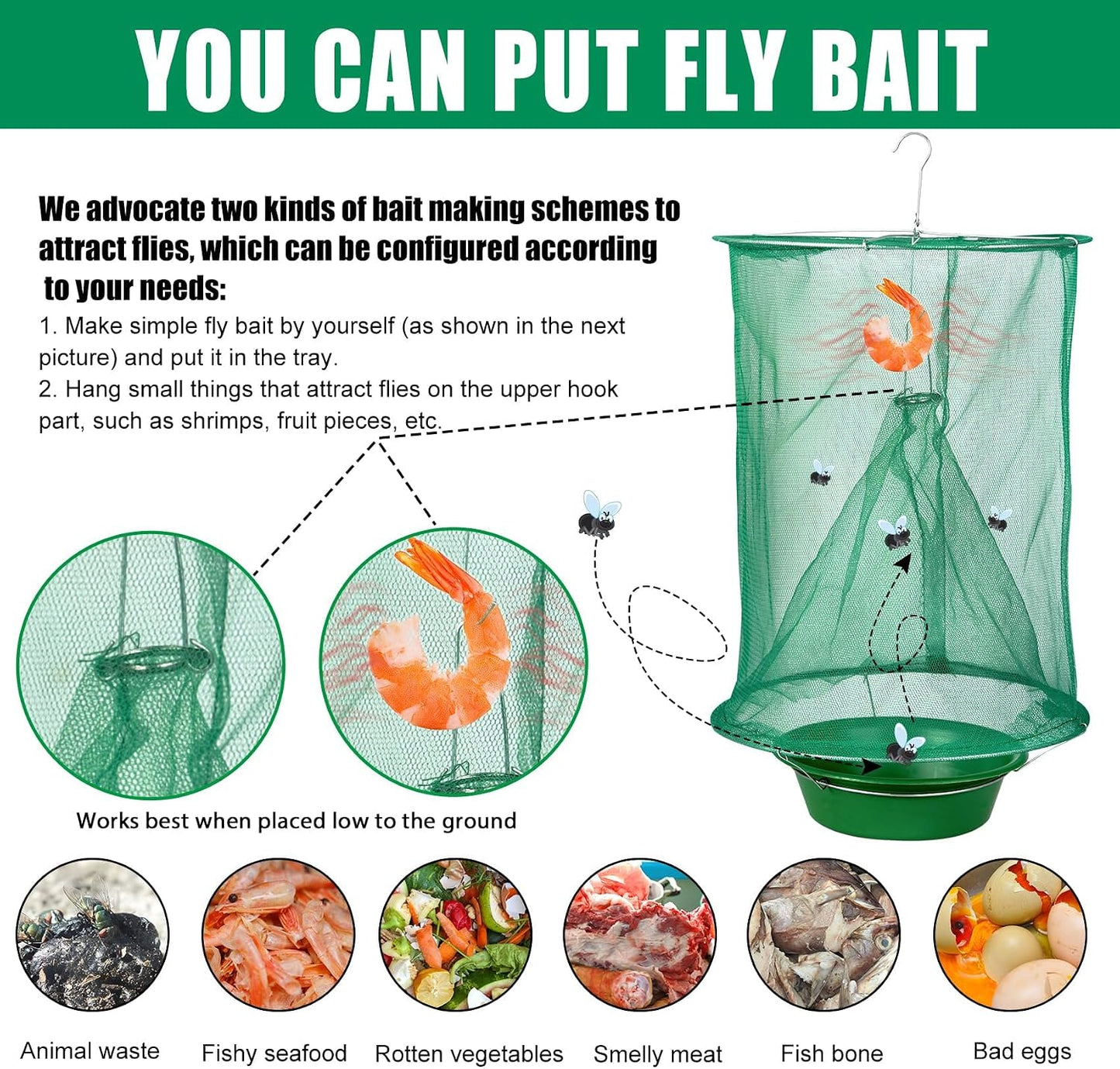 4 Pack Ranch Fly Traps Outdoor Hanging, Reusable Stable Fly Hunter Catcher Cage with Food Bait Tray, Flies Control Killer Repellent for Barn, Orchard, Farm, Horse, Patio