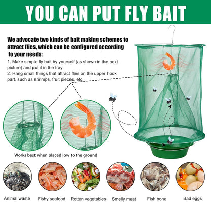 4 Pack Ranch Fly Traps Outdoor Hanging, Reusable Stable Fly Hunter Catcher Cage with Food Bait Tray, Flies Control Killer Repellent for Barn, Orchard, Farm, Horse, Patio