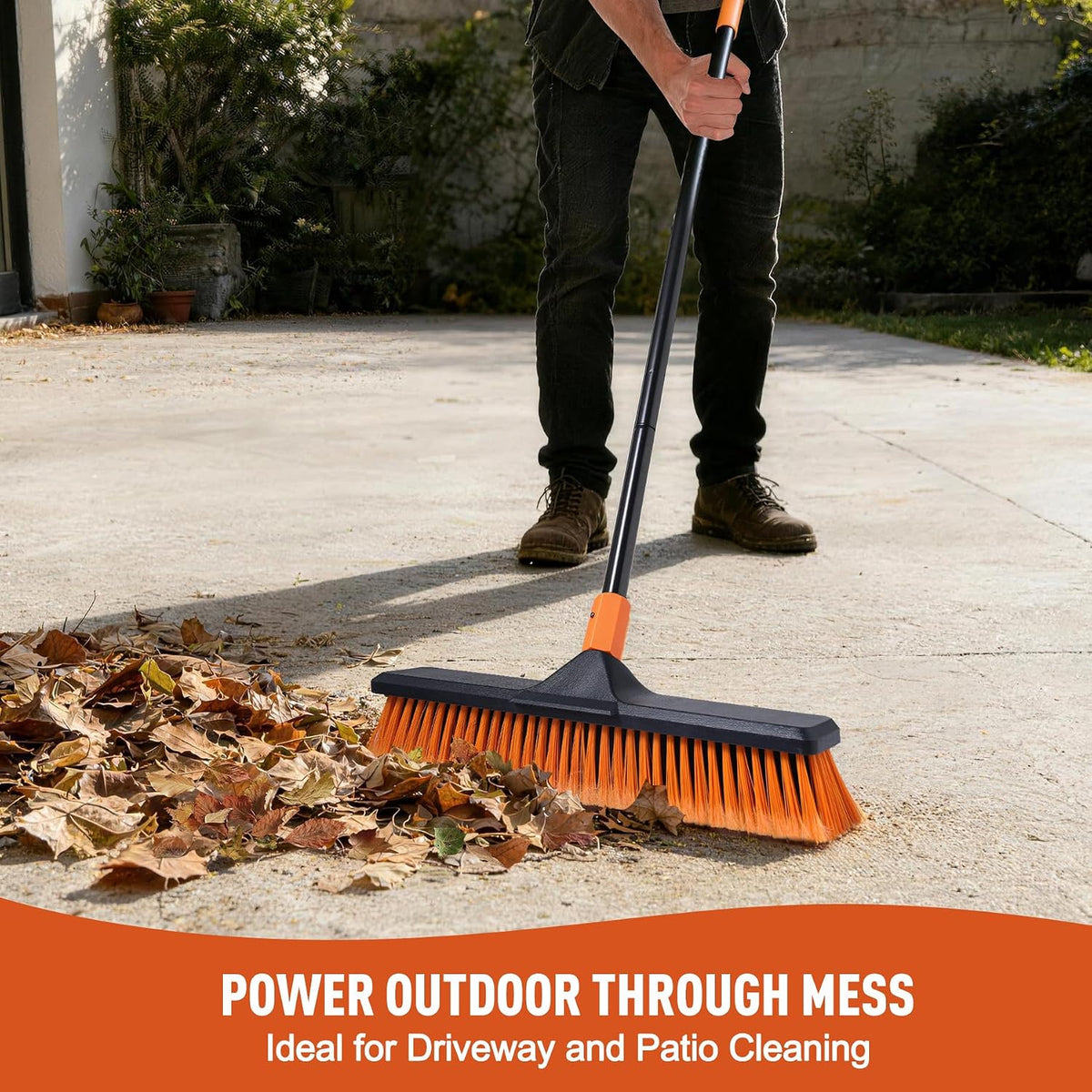 CLEANHOME 18" Push Broom Outdoor Heavy Duty for Garages,Driveways and Decks | With Extendable Long Handle, Stiff Bristle Broom, Industrial,Wide