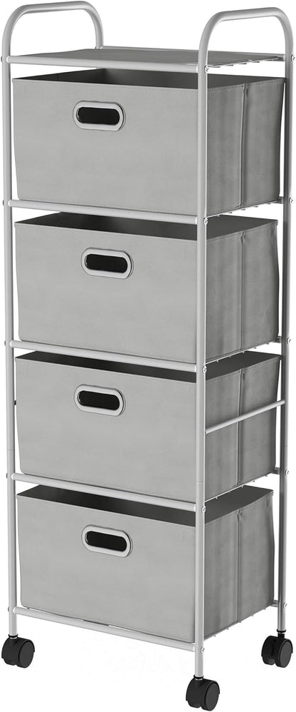 4-Drawer Fabric Dresser - Slim Clothes Storage Organizer with Wheels and Metal Frame - Rolling Cart for Closet, Home, or Office by Lavish Home (Gray)