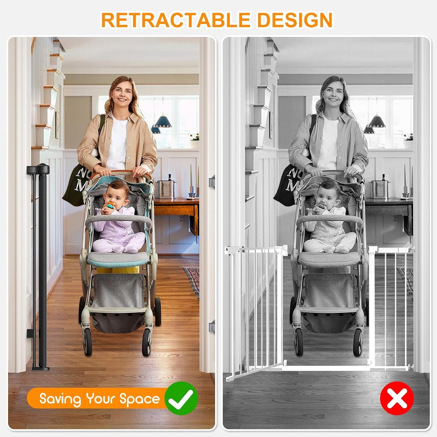 71 inch Retractable Baby Gates, EZIGO Extra Wide Baby Gate for Large Opening Extra Long Mesh Gate for Kids or Pet Dog Gate Child Safety Gate for Stairs Hallways Doorway Indoor Outdoor, Gray