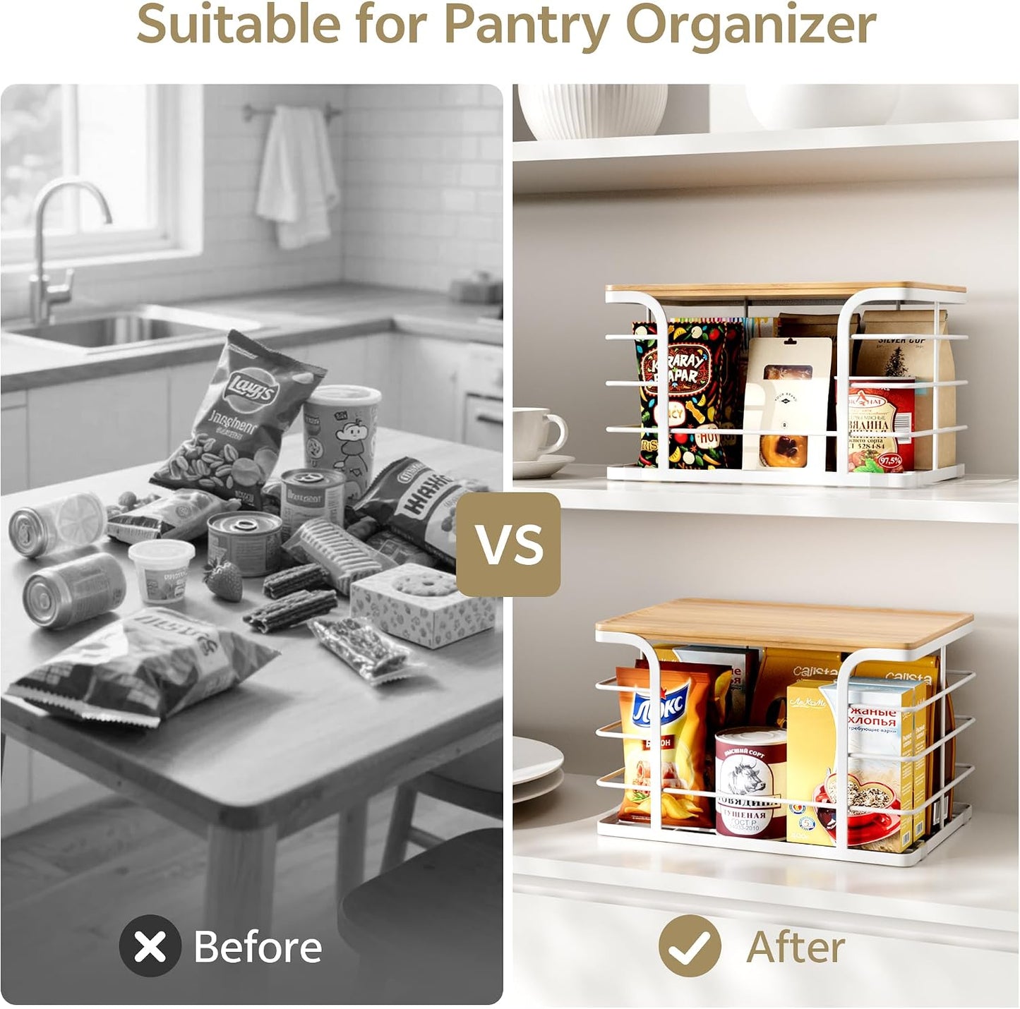 2 Pack Stackable Storage for Kitchen Laundry Pantry Organizers,Trash Bag Holder with Bamboo Top,Wall Mount Garbage Bag Dispenser,Black Large and Small