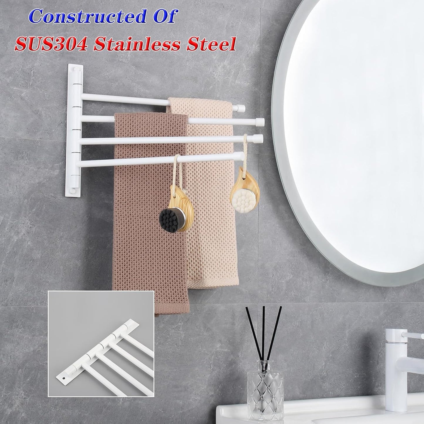 GERZWY Wall Mount Bath Towel Rack with 4 Arms Stainless Steel Bathroom Swing Arm Towel Bars Organizer, White