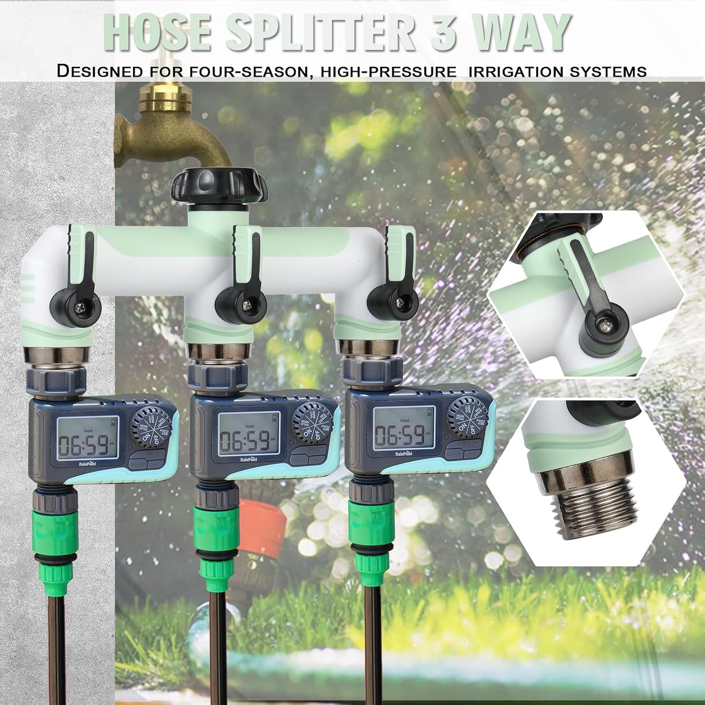 ATAOSGRGarden Hose Splitter 3 Way, 3/4" Outdoor Faucet Splitter, Tap Connector with On/Off Valves and Extended Handle, Tap Adapter Garden Hose Connector for Garden Outdoor Home - Greens
