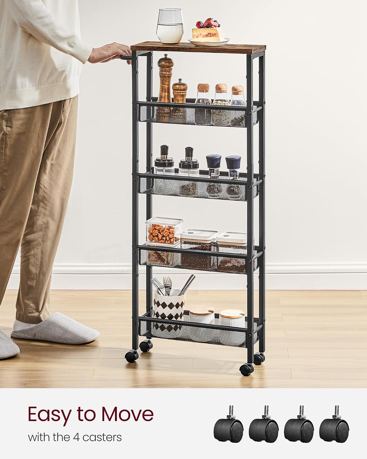 VASAGLE Slim Rolling Cart, 4-Tier Narrow Storage Cart with Handle, 5.1 Inches Deep, Metal Frame, for Kitchen, Dining Room, Living Room, Home Office, Rustic Brown and Classic Black ULRC032B01V1