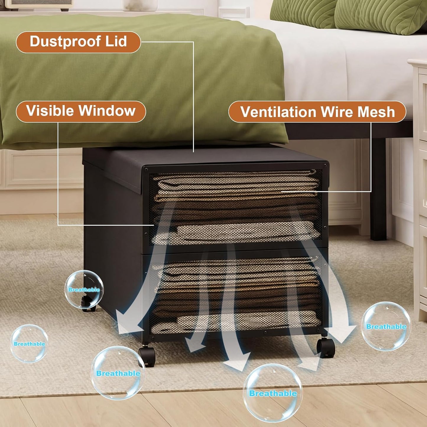 2 Pack Under the Bed Storage Containers,10 inch Height Under Bed Shoe Storage,31inch Long Underbed Storage with Wheels,Large Rolling under bed Clothes Storage Drawers with Lid for Dorm Tall ,Black