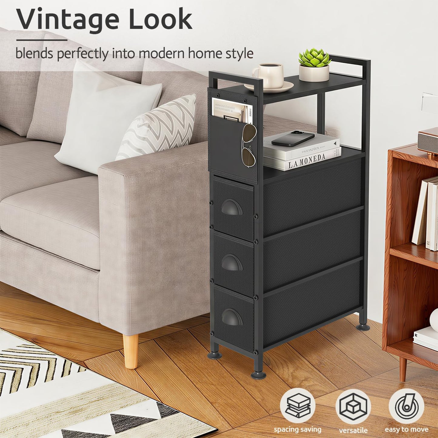 Oppro Small Narrow Side End Table, 2 Drawer Slim Nightstand Bedside Sofa Table with Wheels, Space Saving Rolling Skinny Thin Desk with Storage Bag for Bedroom Living Room Couch Bathroom Dorm
