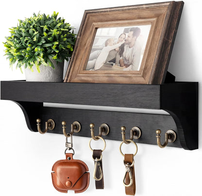 Rebee Vision Farmhouse Key Holder for Wall - Decorative Wooden Mail Organizer with 5 Rustic Key Hooks and Floating Shelf for Home Decor, Hallway, Entryway, Appartment (Retro Brown)