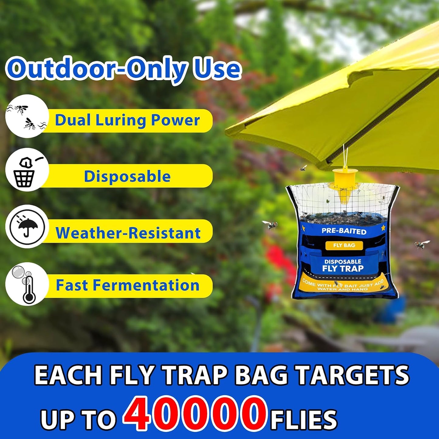 Big Disposable Hanging Fly Trap Bag 4 Pack for Chicken Coop Barn Ranch Farm | 50g Dissolvable Bait Fly Hunter for Flying Insects, Large Clear Capacity, No Messy Cleanup, Weatherproof Outdoor-only Use