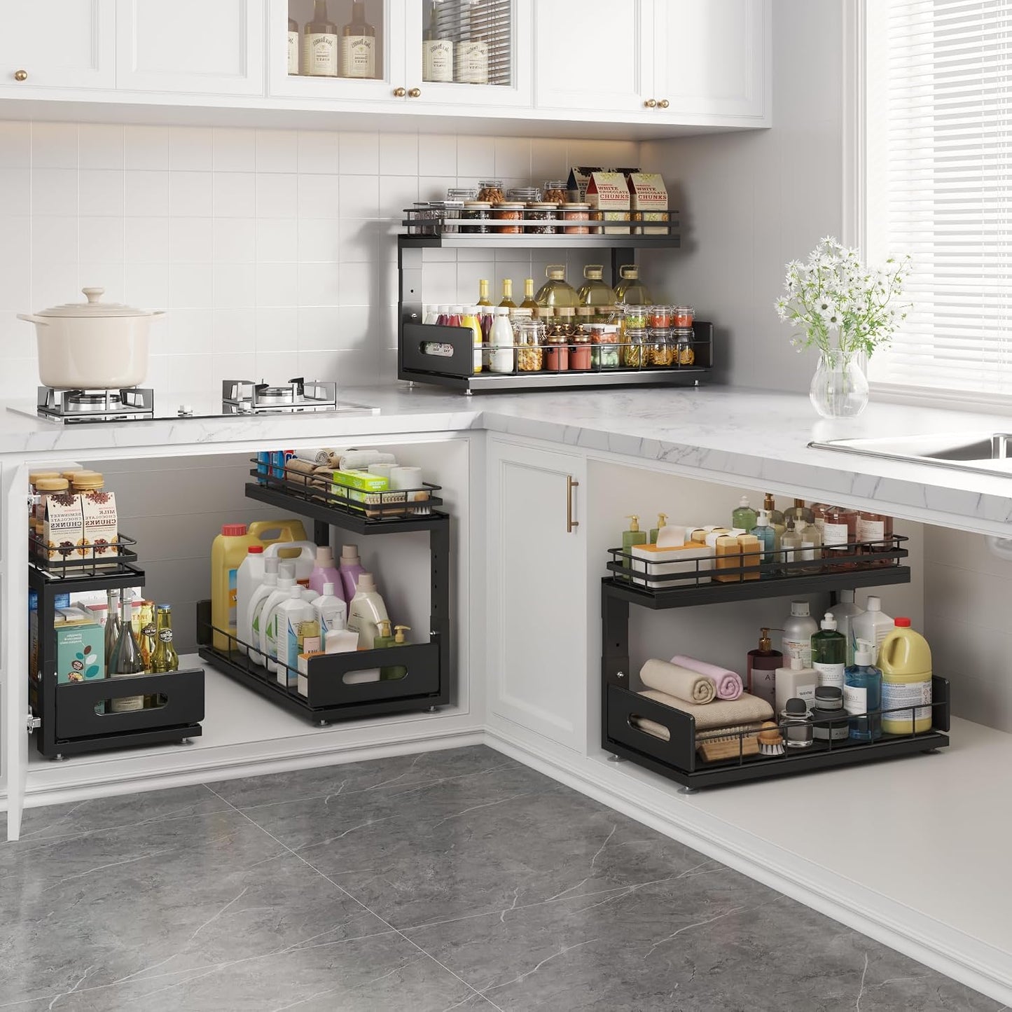 Under Sink Organizer Upgrade To Professional Rails,2-Tier Dual Pull Out Cabinet Storage,Height Adjustable Slide Out Drawers For Bathroom Kitchen,2 Pack-14.5" Dx12.8-16.9" H,White