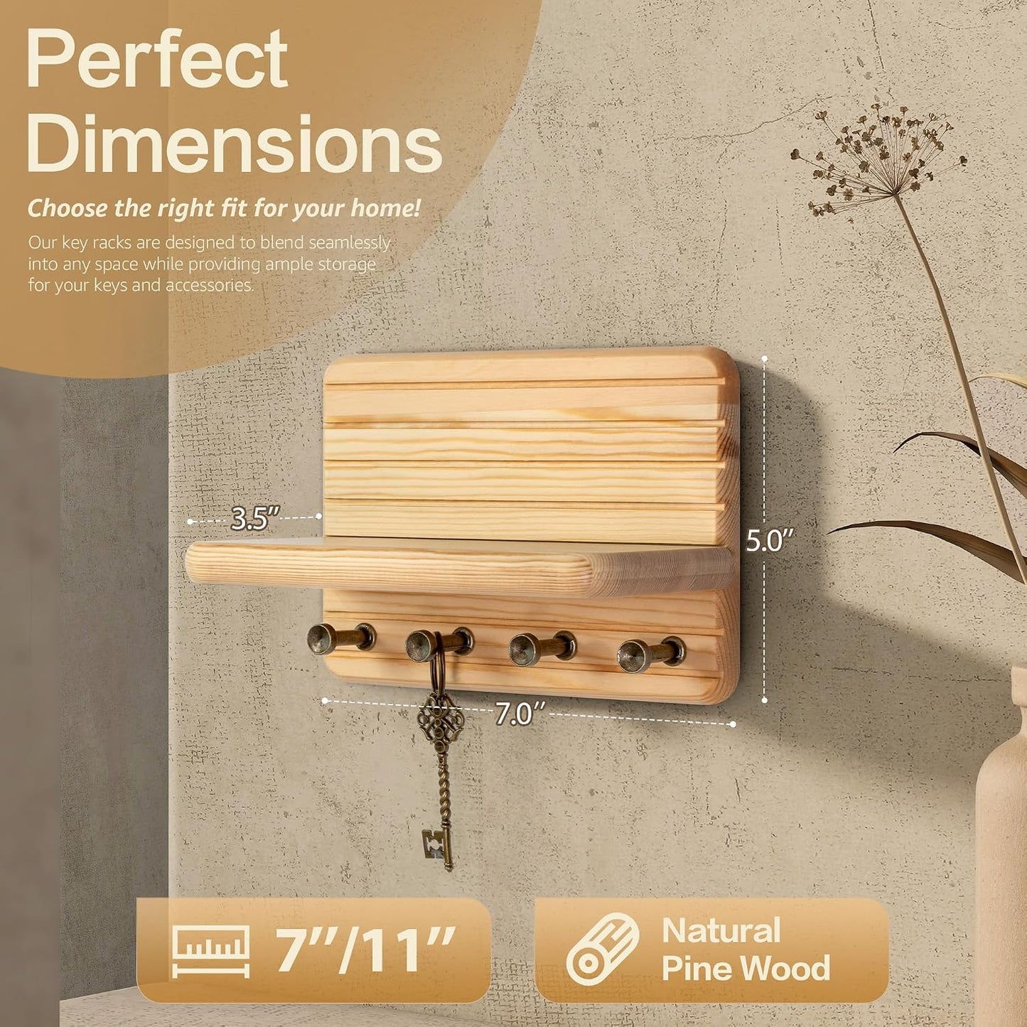 Rebee Vision Farmhouse Key Holder Wall Mount for Home Decor – Decorative Pine Wooden Key Holder for Wall with 6 Hooks & Floating Shelf - Rustic Charm for Room Decor Aesthetic (Brown)
