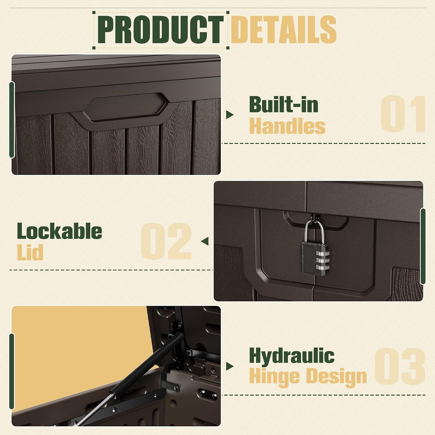 JUMMICO 31 Gallon Resin Deck Box Waterproof Indoor Outdoor Storage Boxes for Patio Furniture Cushions and Garden Tools (Brown)
