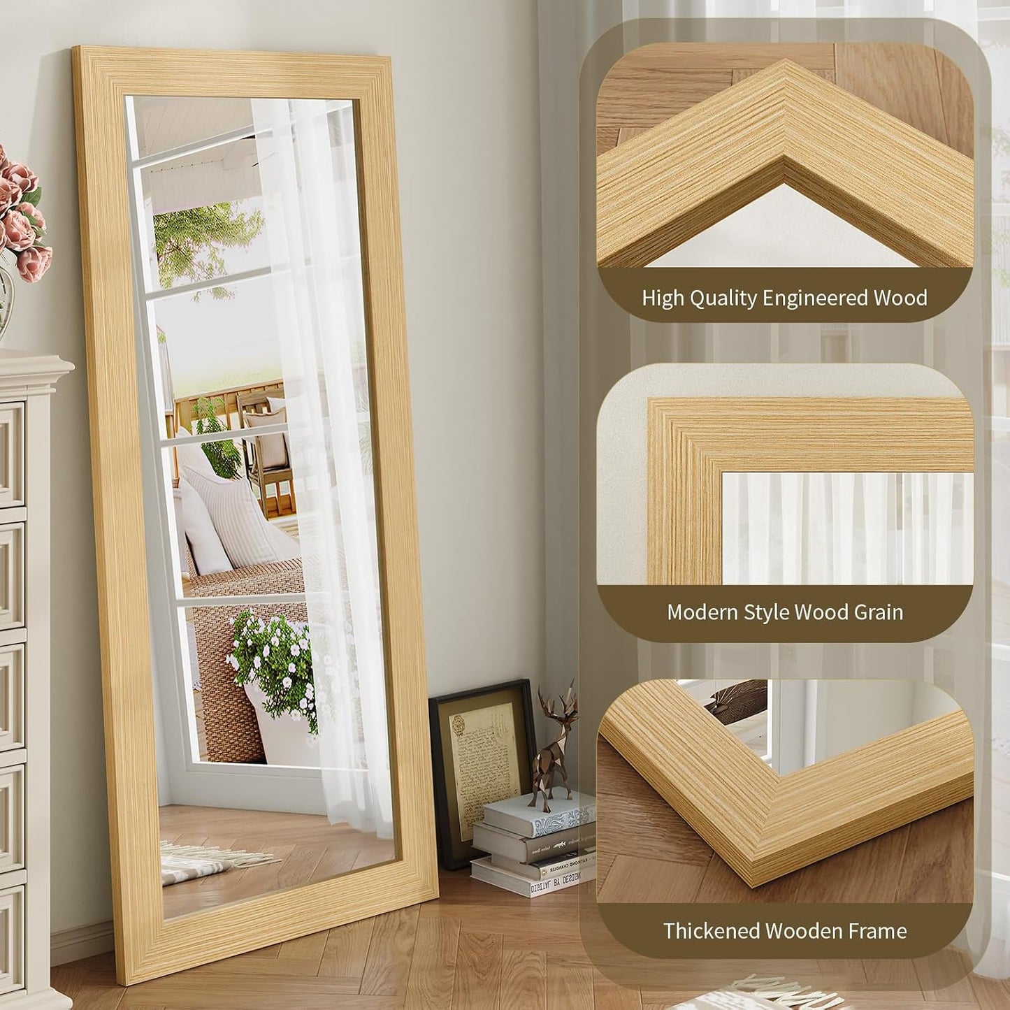Syndra Modern Full Length Mirror Wood Frame, 65x24'' Large Floor Mirror with HD Tempered Glass & Wall Mount, Rectangular Standing Mirror for Bedroom, Living Room, Entryway, Farmhouse(Grey White Oak)