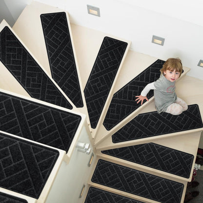 15 Pack 8 "X 30" Non-Slip Carpet Stair Treads for Indoor Wooden Steps, Made of Polyester and Reusable Adhesive, Suitable for Kids Elders and Pets（Black Lines）