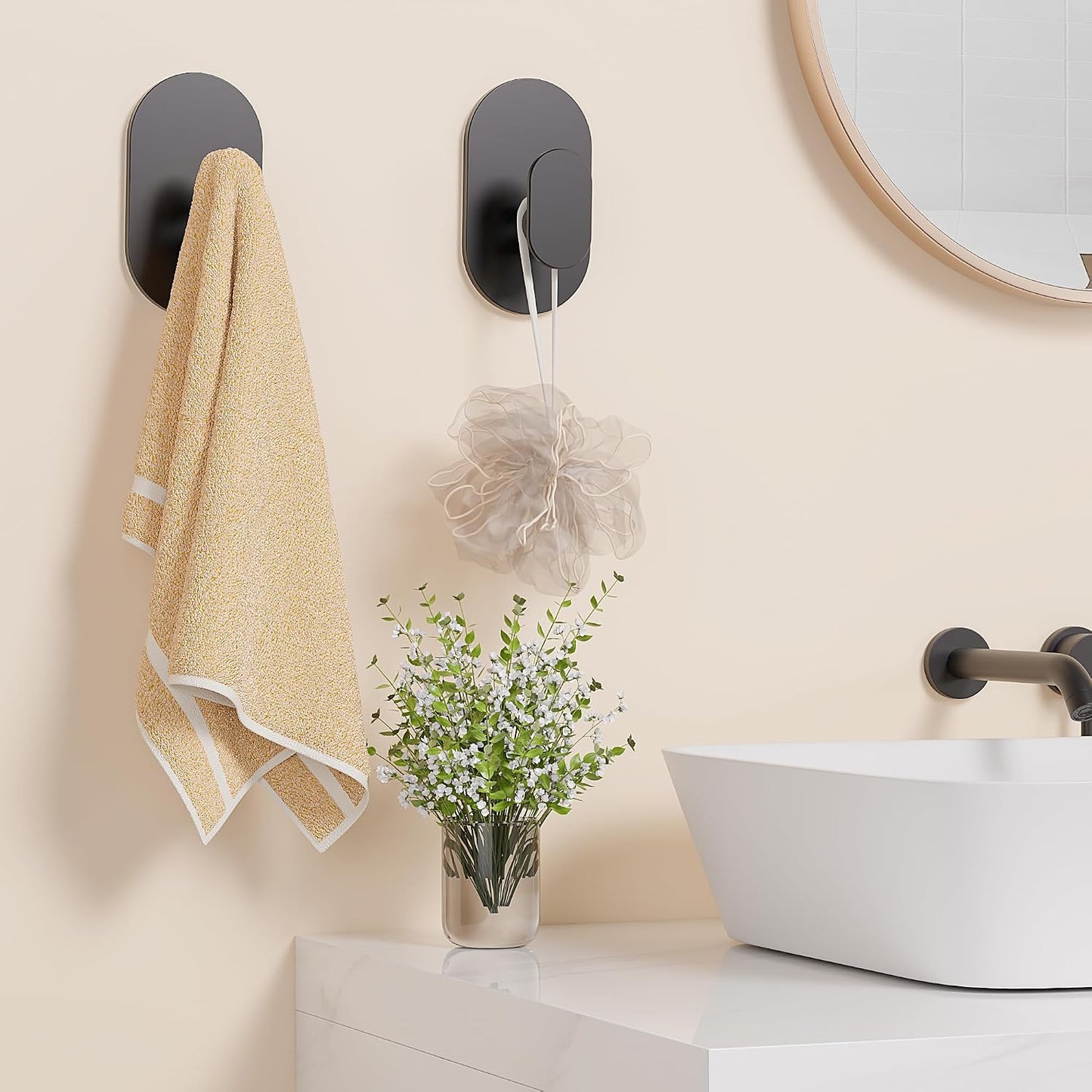 Aikzik Black Adhesive Hooks Heavy Duty-Max 26lb, Wall Hooks for Shower, Bathroom, Towel, Coat, Robe, Stainless Steel Hooks for Hanging, Sticky Hooks for Walls No Damage- 4 Pack