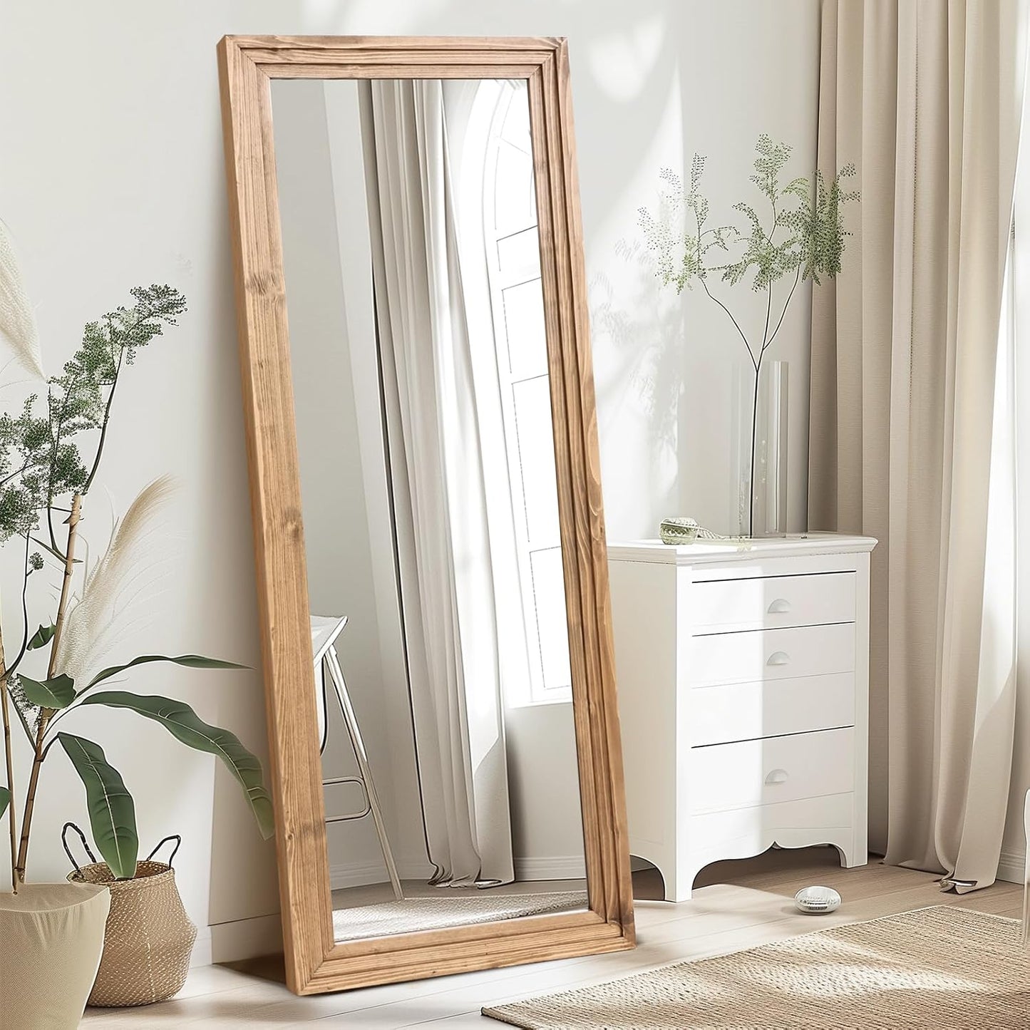 65"x22" Full Length Mirror Solid Wood Frame Floor Mirror with Stand for Living Room, Bedroom Hanging Standing or Leaning, Brown