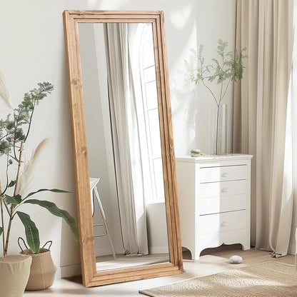 65"x22" Full Length Mirror Solid Wood Frame Floor Mirror with Stand for Living Room, Bedroom Hanging Standing or Leaning, Brown