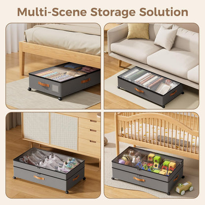 Under Bed Storage with Wheels, Large Capacity UnderBed Containers with Clear Lids, Shoe Organizer Under Bed Drawers, Rolling Under the Bed Storage for Clothes, Shoes, Blankets
