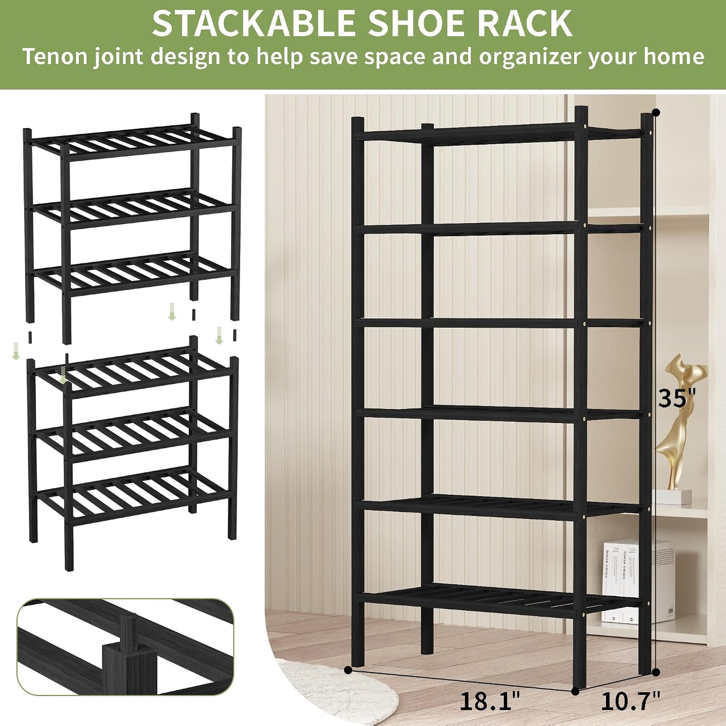 ROMGUAR CRAFT 3 Tier Bamboo Shoe Rack for Closet Free Standing Wood Shoe Shelf Storage Organizer for Entryway Small Space Stackable 27"x11"x20" (Natural)