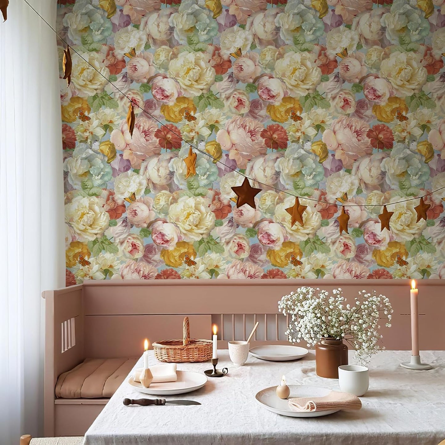 Simon&Siff Floral Peel and Stick Wallpaper 17.3"x80" Pink Watercolor Flowers Wall Murals Removable Wall Paper for Bedroom Bathroom Cabinet Renter Friendly
