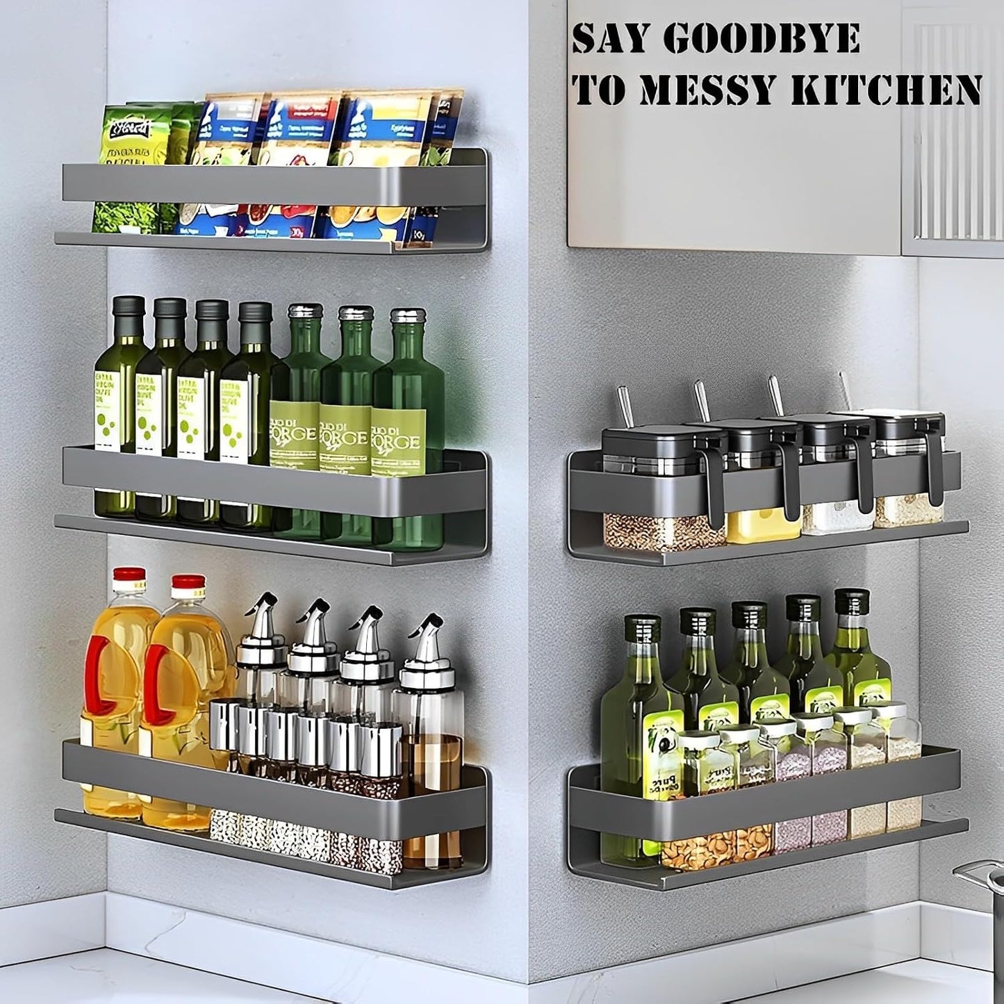 Stainless Steel Wall Mounted Floating Shelves, Drill-Free Adhesive or Screw In, Rustproof Bathroom Organizer & Kitchen Spice Storage Rack, Detachable Metal Display Shelf for Living Room, Gray
