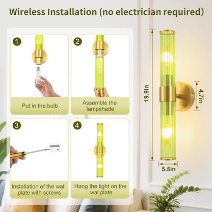 Morauroral Gold Battery Operated Wall Sconces Set of Two, Rechargeable Wall Sconce with Dimmable Remote Control, 20 Inch Wireless Sconce Wall Light for Bedroom, Living Room (Bulbs Included)