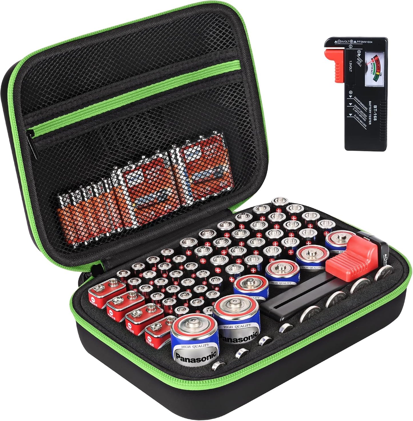 Battery Organizer Storage Case with Tester for AA AAA Button Battery Holder Carrying 3 Batteries Variety Pack 88 Batteries Zipper Mesh Bag (Batteries Not Included) (black-green)