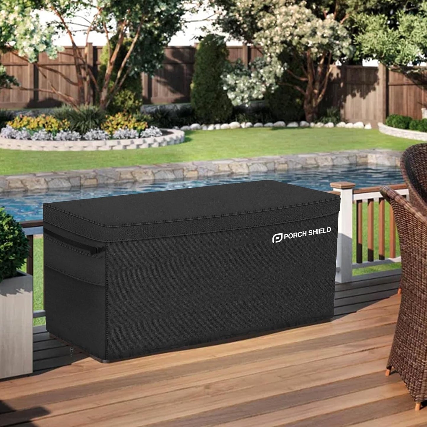 Porch Shield Patio Deck Box Storage Cover - 600D Outdoor Waterproof Cover for 150-230 Gallon Box Tear Resistant Rectangular Fire Pit Table Covers 62 x 29 x 28inch Black