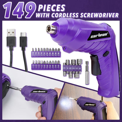 CARTMAN Orange 198-Piece 12V Cordless Drill Tool Combo Kit | Complete DIY repair tools for home, office & garden maintenance, professional household tool set with robot style storage box