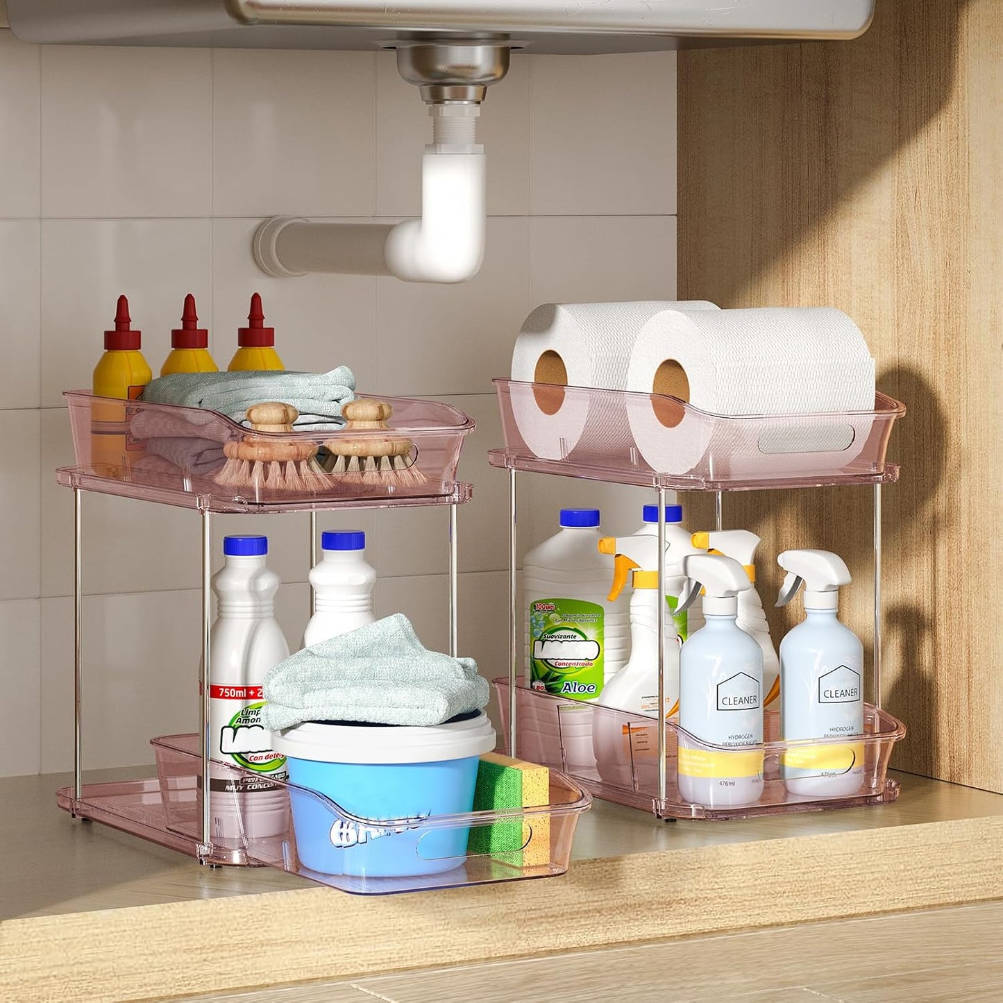 Delamu 2-Tier Under Sink Organizers and Storage, Multi-Purpose Stackable Bathroom Cabinet organizers, Pull Out Kitchen Pantry Organization and Storage with Dividers(2 Pack, Clear)