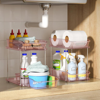 Delamu 2-Tier Under Sink Organizers and Storage, Multi-Purpose Stackable Bathroom Cabinet organizers, Pull Out Kitchen Pantry Organization and Storage with Dividers(2 Pack, Clear)