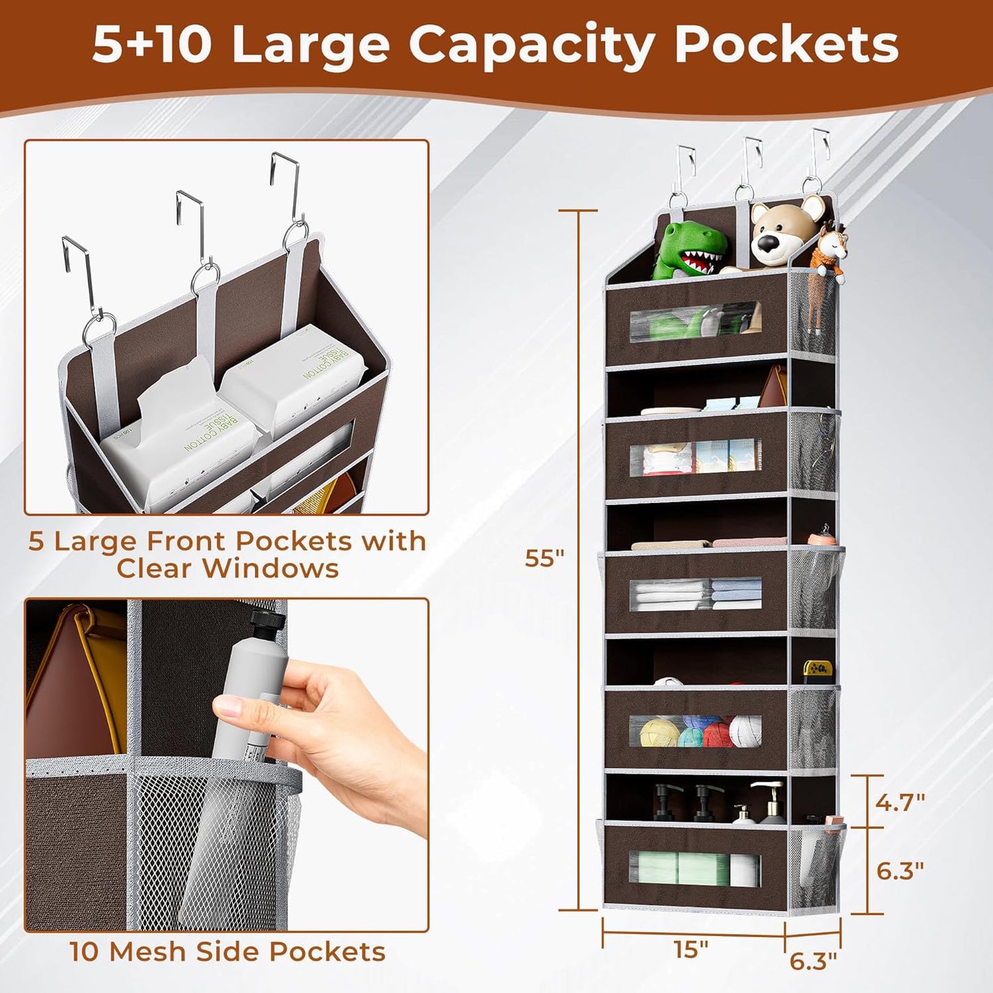 2 Pack 5 Tier Over The Door Organizer - Large Capacity Behind Door Hanging Shelves with 10 Mesh Pockets and Clear Windows, Closet Organizers and Storage for Bathroom, Bedroom, Nursery, Grey