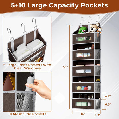 2 Pack 5 Tier Over The Door Organizer - Large Capacity Behind Door Hanging Shelves with 10 Mesh Pockets and Clear Windows, Closet Organizers and Storage for Bathroom, Bedroom, Nursery, Grey