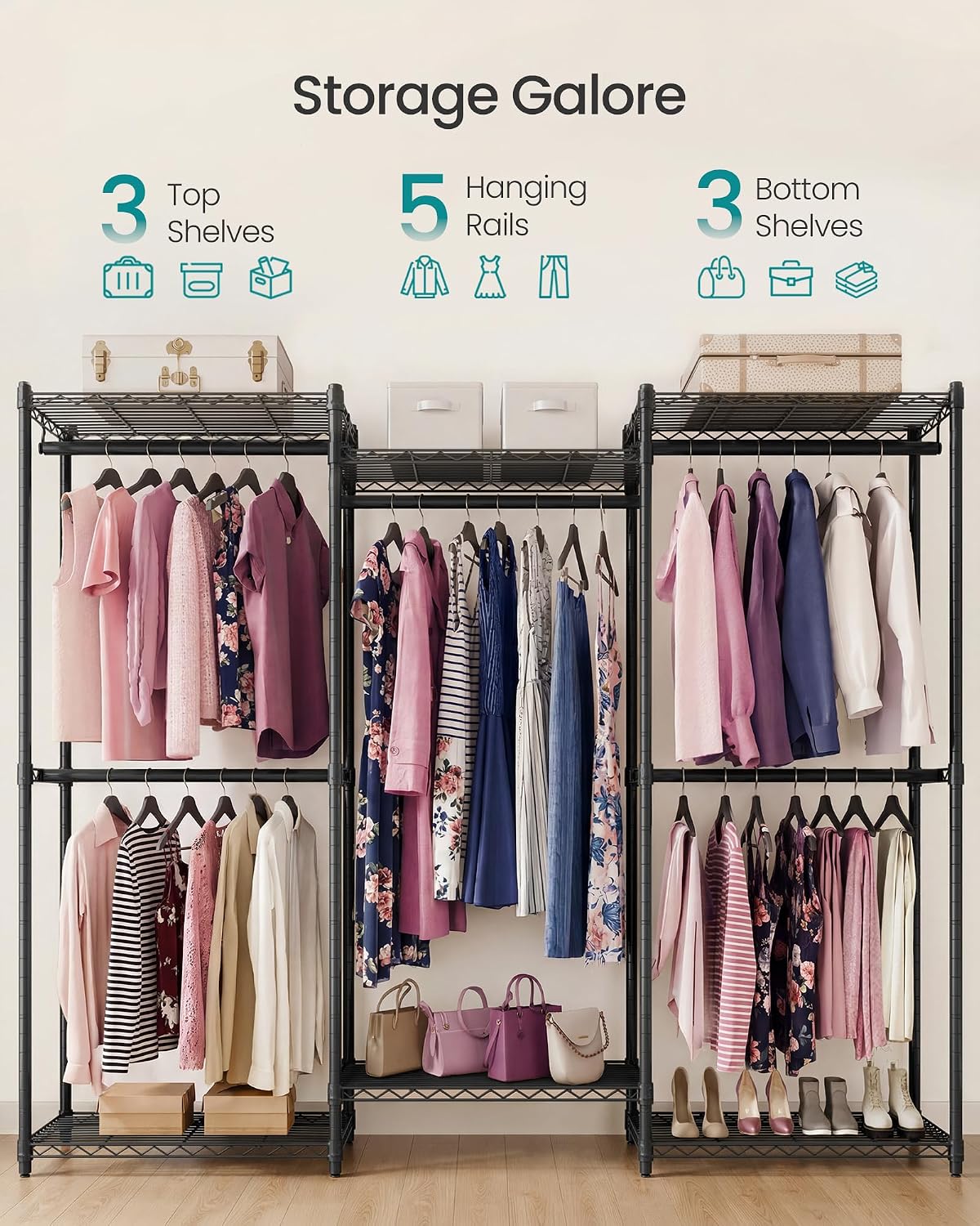 SONGMICS Heavy-Duty Clothes Rack, Garment Rack, Portable Closet, 68.7-Inch Wide Clothing Rack with Adjustable Mesh Shelves and Hanging Rails, Ink Black ULGR433B01