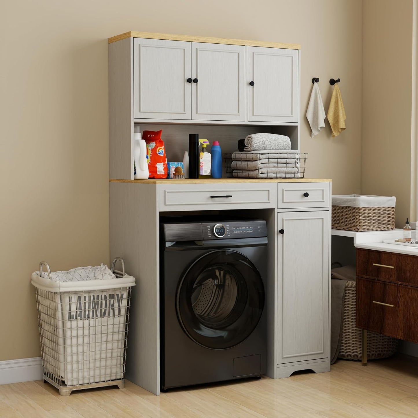 GDFStudio Over the Washer Laundry Storage Cabinet, 26" L x 22" W x 35" H Laundry Room Organizer with Basket 1 Drawer 2 Adjustable Shelves, Freestanding Washing Machine Shelf Unit Antique White