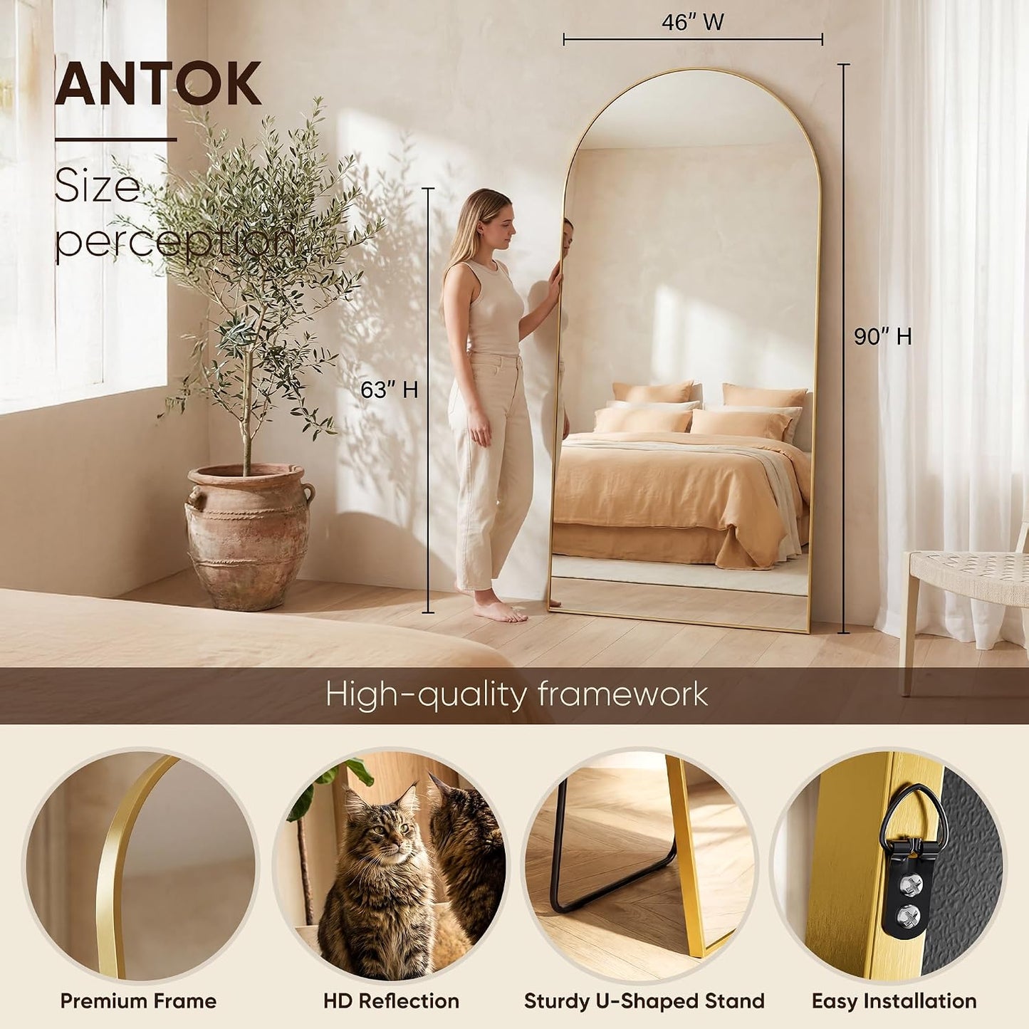 Antok 58" x19” Arched Full Length Floor Mirror, Gold Aluminum Frame, Free Standing/Wall Mount/Leaning for Bedroom, Living Room, Dressing Room