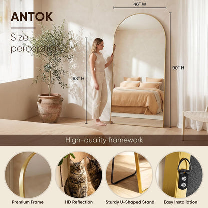 Antok 58" x19” Arched Full Length Floor Mirror, Gold Aluminum Frame, Free Standing/Wall Mount/Leaning for Bedroom, Living Room, Dressing Room