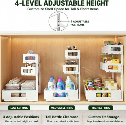 3 Tier Under Sink Organizer,2 Pack Pull Out Cabinet Shelves with Adjustable Height,Heavy Duty Carbon Steel L-Shaped Storage for Kitchen Bathroom Sink,Pantry & Laundry,White