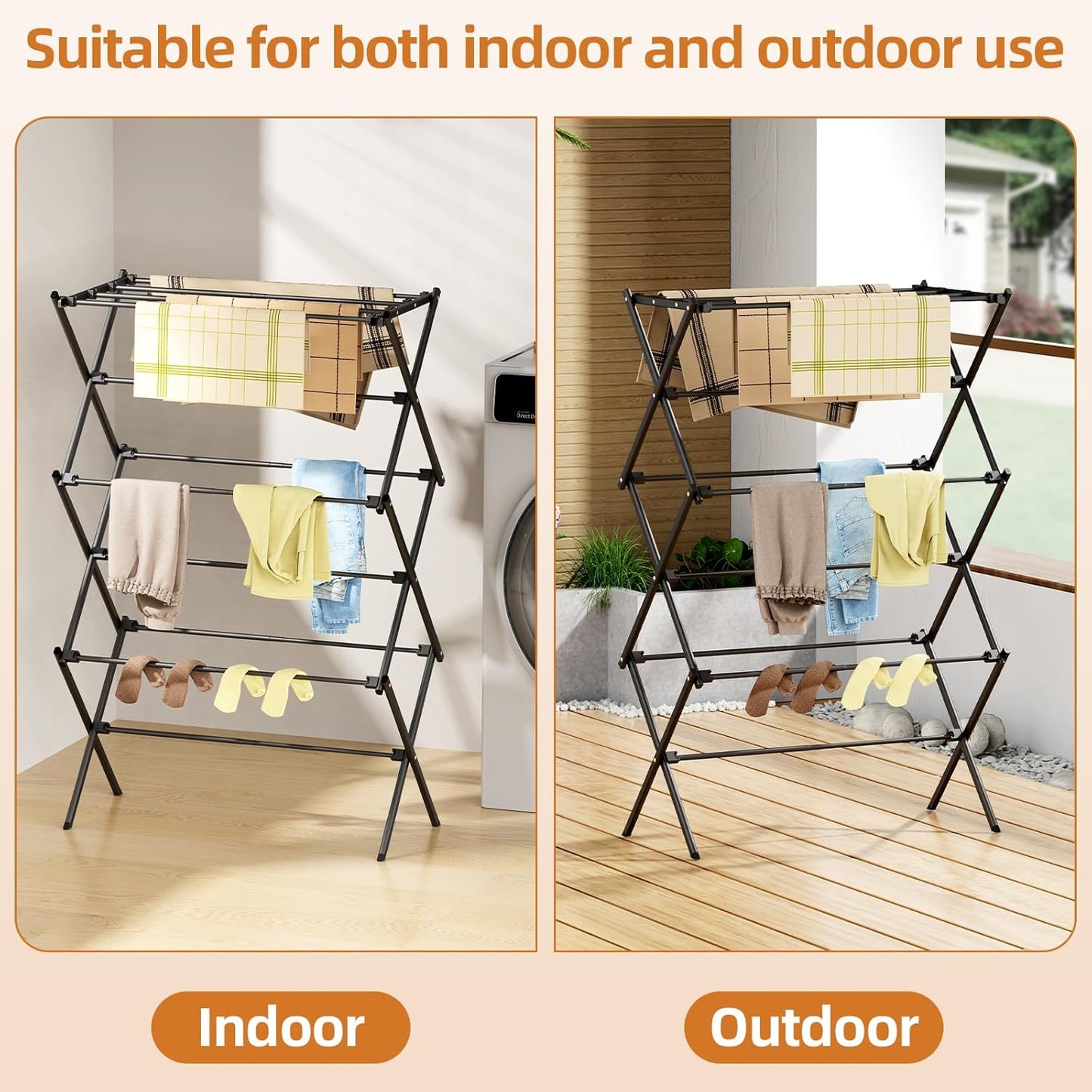 Drying Rack Clothing, 3-Tier Clothes Drying Rack Foldable, Antirust Laundry Drying Rack Collapsible Use for Indoor & Outdoor, 11.8" D x 34.6" W x 35.4" H, White